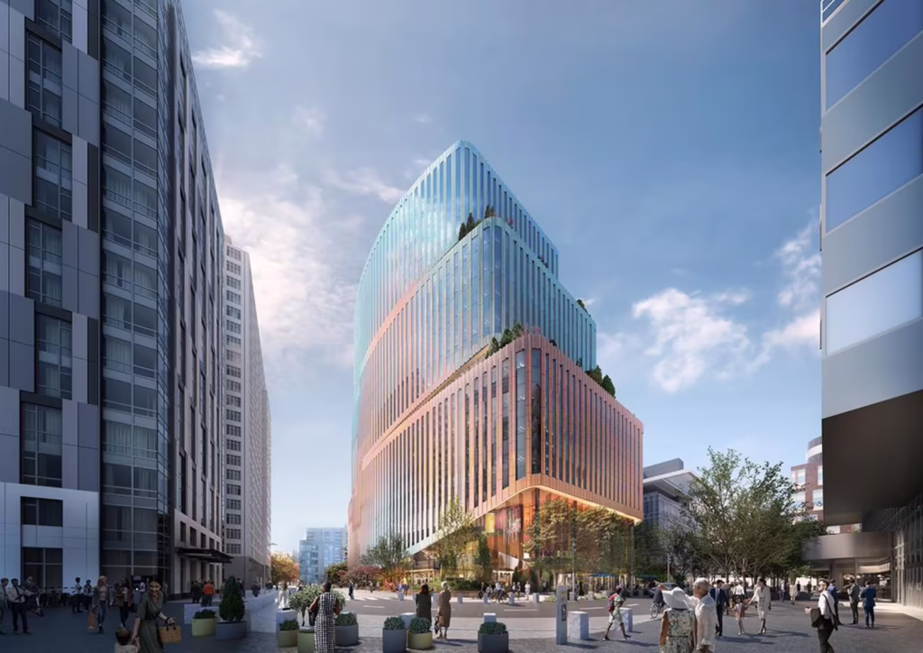 Architectural rendering of a modern tiered high-rise building with vertical copper fins on the lower section and reflective blue glass upper floors, rising above a bustling pedestrian plaza with planters and trees.