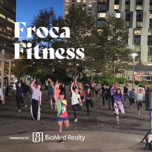 Picture of people exercising with white text "Froca Fitness"