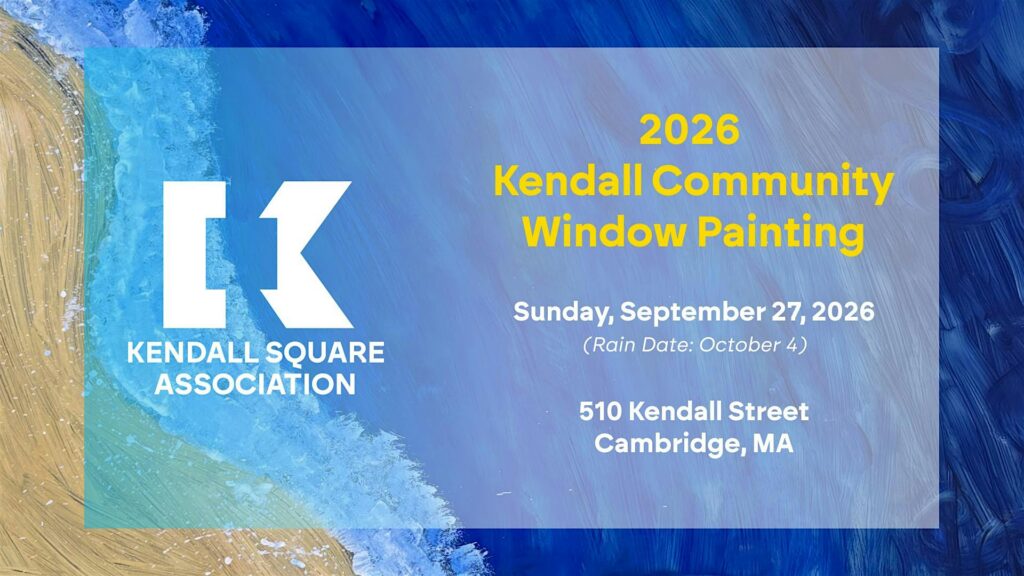 A painting of a wave hitting the shore with the words Kendall Community Window Painting imposed over it