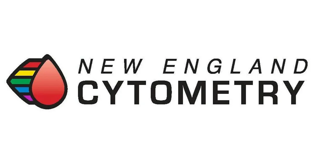 New England Cytometry logo featuring a red droplet trailing a rainbow spectrum band next to bold black text.