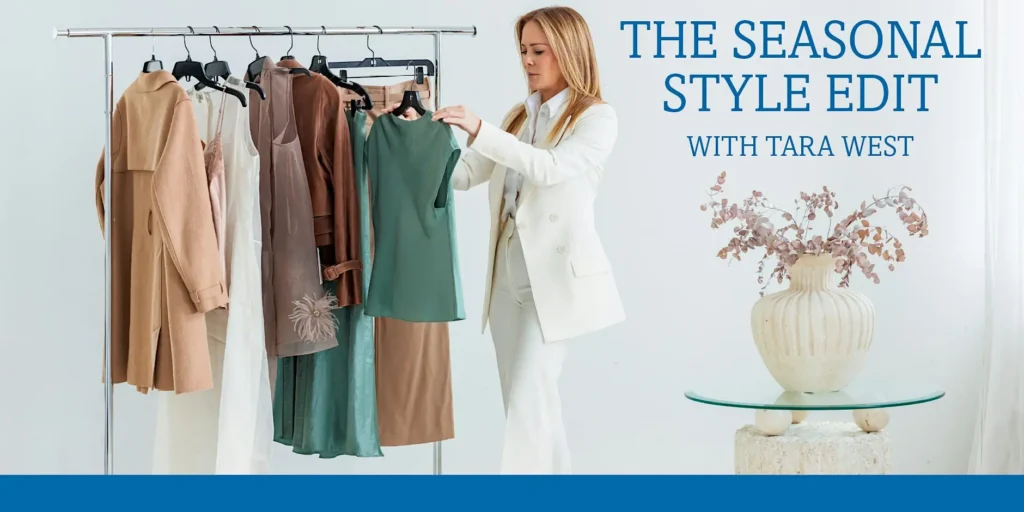 The Seasonal Style Edit with Tara West: Tara West wearing a white suit and holding a green top on a clothing rack.